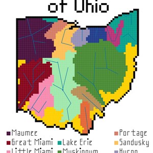 Pode incluir: Um mapa pixelado de Ohio mostrando as bacias hidrográficas do estado. O mapa é dividido em 11 cores diferentes, cada uma representando uma bacia hidrográfica diferente. As bacias hidrográficas são rotuladas com seus nomes: Maumee, Great Miami, Little Miami, Scioto, Ohio, Lago Erie, Muskingum, Hocking, Portage, Sandusky, Huron, Black, Raccoon Creek e Cuyahoga.