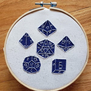 RPG Dice Set, Dungeons and Dragons completed cross stitch, framed in 6 inch hoop, glow in the dark