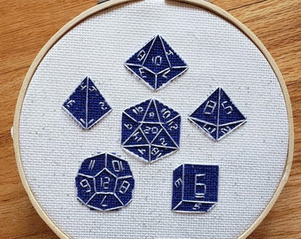 RPG Dice Set, Dungeons and Dragons completed cross stitch, framed in 6 inch hoop, glow in the dark