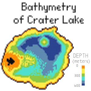 May include: A pixelated map showing the bathymetry of Crater Lake, a deep lake in Oregon. The map uses different colors to represent depths ranging from 0 to 600 meters.