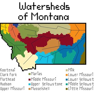 May include: A map of Montana showing the watersheds of the state. The map is divided into 11 different colored regions, each representing a different watershed. The watersheds are labeled with their names, including Kootenai, Clark Fork, Flathead, Hudson, Milk, Marias, Lower Missouri, Middle Missouri, Upper Yellowstone, Lower Yellowstone, Middle Yellowstone, Upper Missouri, and Little Missouri.