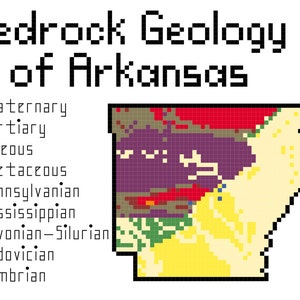 May include: A pixelated map of Arkansas showing the bedrock geology of the state. The map is color-coded to show the different geological periods, including Quaternary, Tertiary, Igneous, Cretaceous, Pennsylvanian, Mississippian, Devonian-Silurian, Ordovician, and Cambrian.