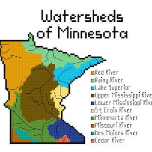 May include: A map of Minnesota showing the watersheds of the state. The map is divided into 10 different colors, each representing a different watershed. The watersheds are labeled with the names of the rivers that drain them. The watersheds are: Red River, Rainy River, Lake Superior, Upper Mississippi River, Lower Mississippi River, St. Croix River, Minnesota River, Missouri River, Des Moines River, and Cedar River.