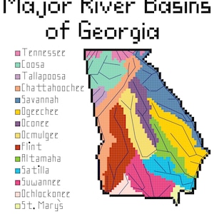 Op de afbeelding: Een kaart van Georgia die de belangrijkste stroomgebieden laat zien. De kaart is kleurgecodeerd om de verschillende stroomgebieden te tonen. De stroomgebieden zijn: Tennessee, Coosa, Tallapoosa, Chattahoochee, Savannah, Ogeechee, Oconee, Ocmulgee, Flint, Altamaha, Satilla, Suwannee, Ochlockonee en St. Marys.