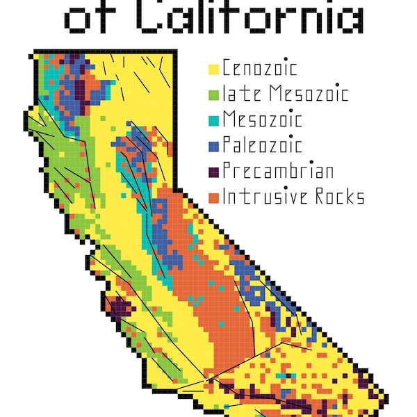 California Bedrock Geology cross stitch PDF pattern download