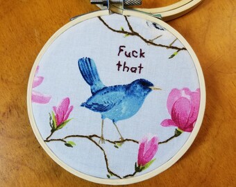 bird completed embroidery, framed in 4 inch hoop