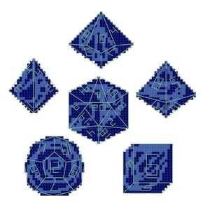 May include: A set of six blue dice with white numbers. The dice are in various shapes, including a cube, a pyramid, and a dodecahedron.