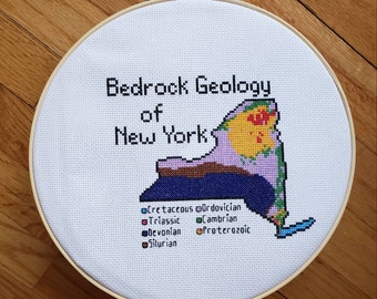 New York Geology completed cross stitch, framed in 10 inch hoop