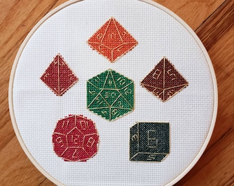 RPG Dice Set, Dungeons and Dragons completed cross stitch, framed in 7 inch hoop, autumn druid colors