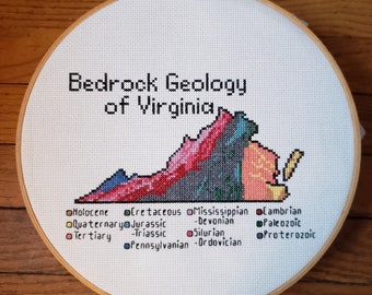 Virginia Geology completed cross stitch, framed in 10 inch hoop