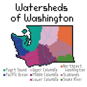 May include: A map of Washington state showing the different watersheds. The watersheds are color-coded and labeled: Puget Sound, Pacific Ocean, Upper Columbia, Middle Columbia, Lower Columbia, Northeast Washington, Scablands, and Snake River.