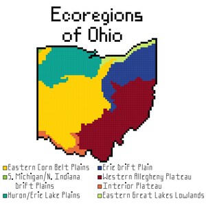 Könnte beinhalten: Eine Karte von Ohio, die in Ökoregionen unterteilt ist. Die Ökoregionen sind in Gelb, Grün, Blau, Rot und Hellgrün gefärbt. Die Ökoregionen sind beschriftet: Östliche Maisgürtel-Ebenen, S. Michigan/N. Indiana Drift-Ebenen, Huron/Erie-See-Ebenen, Erie-Drift-Ebene, Westliches Allegheny-Plateau, Inneres Plateau und Östliche Große Seen-Tiefland.