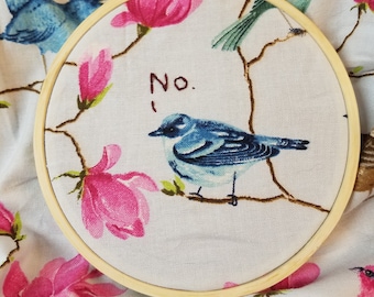 bird completed embroidery, framed in 4 inch hoop