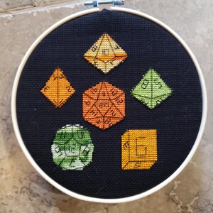 RPG Dice Set, Dungeons and Dragons completed cross stitch, framed in 7 inch hoop, autumn colors, decorative gourd season