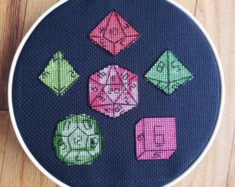 RPG Dice Set, Dungeons and Dragons completed cross stitch, framed in 7 inch hoop, watermelon colors, summer