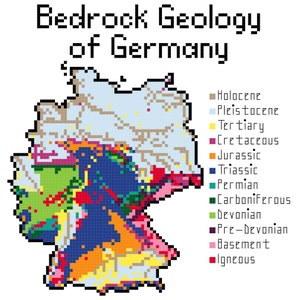 May include: A map of Germany showing the bedrock geology of the country. The map is color-coded to show the different geological periods, including Holocene, Pleistocene, Tertiary, Cretaceous, Jurassic, Triassic, Permian, Carboniferous, Devonian, Pre-Devonian, Basement, and Igneous.