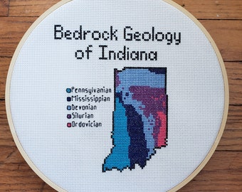 Indiana Geology completed cross stitch, framed in 9 inch hoop