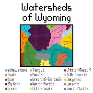 May include: A pixelated map of Wyoming showing the different watersheds of the state. The watersheds are color-coded and labeled with their names: Yellowstone, Snake, Bear, Big Horn, Green, Tongue, Powder, Great Divide Basin, North Platte, Little Snake, Little Missouri, Belle Fourche, Cheyenne, Laramie, and South Platte.
