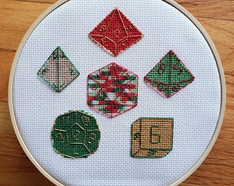 RPG Dice Set, Dungeons and Dragons completed cross stitch, framed in 7 inch hoop, Christmas