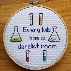 Derelict room The Adventure Zone completed cross stitch, framed in 7 inch hoop