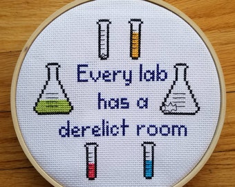 Derelict room The Adventure Zone completed cross stitch, framed in 7 inch hoop