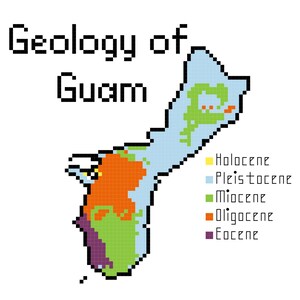 May include: A map of Guam illustrating the geological formations of the island. The map is colour-coded to show the different geological periods: Holocene, Pleistocene, Miocene, Oligocene, and Eocene.
