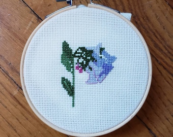 Bluebells, completed cross stitch, framed in 4 inch hoop
