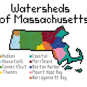 May include: A pixelated map of Massachusetts showing the watersheds of the state. The map is divided into 8 different colored regions, each representing a different watershed. The watersheds are labeled with their names: Hudson, Housatonic, Connecticut, Thames, Coastal, Merrimack, Boston Harbor, Mount Hope Bay, and Narragansett Bay.