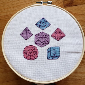 RPG Dice Set, Dungeons and Dragons completed cross stitch, framed in 7 inch hoop, sparkly etoile floss
