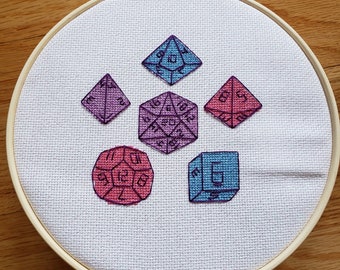 RPG Dice Set, Dungeons and Dragons completed cross stitch, framed in 7 inch hoop, sparkly etoile floss