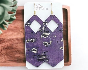 Leather Earrings Handmade, Fringe Statement Jewelry, Gifts For Women, Metallic Purple Driftwood