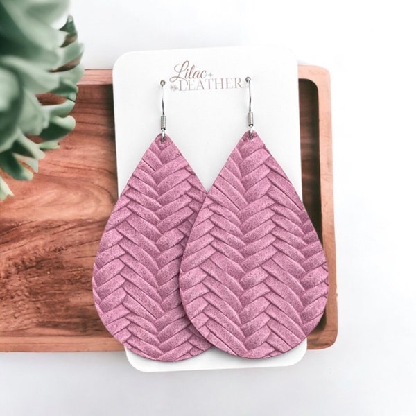 Pink Leather Earrings, Statement Earrings, Real Leather Earrings, Gifts For Women, Braided Bubble Gum Pink