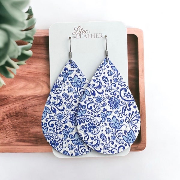 Genuine Leather Earrrings, Vintage Blue Floral Teardrops, 3 Sizes Available, Lightweight Statement Earrings, Handmade Gifts for Her