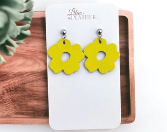Petite Leather Earrings, Handmade Gifts for Women, Yellow Boho Flower Dangle