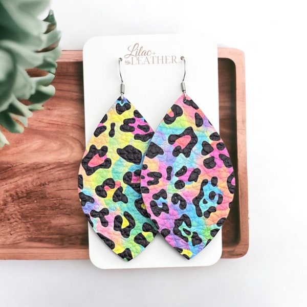 Colorful Leather Earrings, Lightweight Statement Jewelry, 3 Sizes Available, Handmade Gifts for Women, 90’s Neon Leopard Print