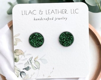 Druzy Studs, Green Sparkle Earrings, Handmade Gifts for Her, 12mm