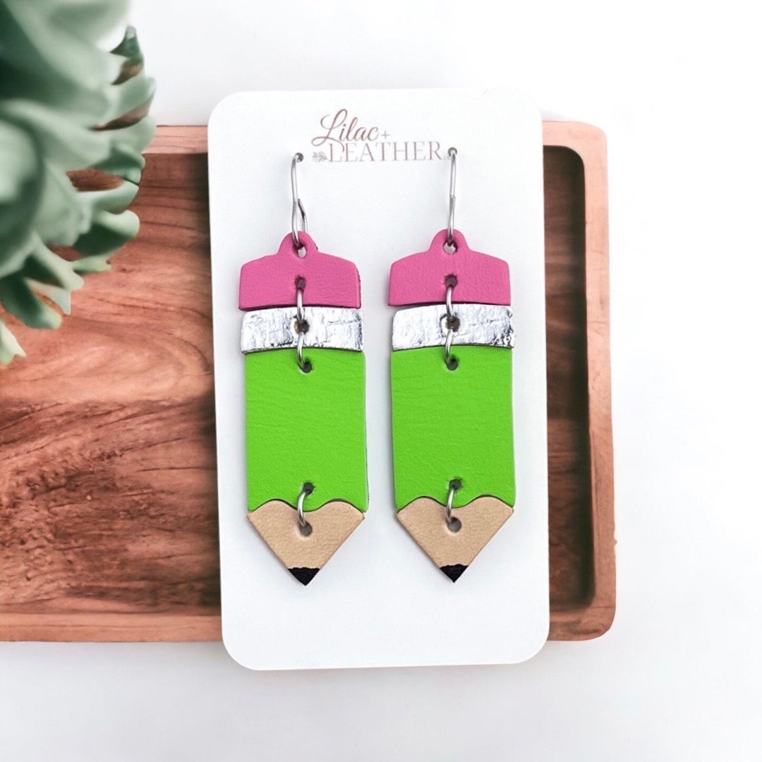 Leather Pencil Earrings, Back to School Jewelry, Teacher Appreciation
