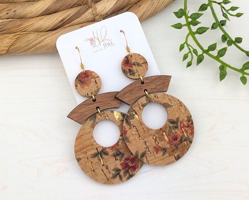 NEW Victorian Rose wGold Fleck \u201cArch\u201d Circle Earrings Wood Earrings Fall Earrings Leather /& Cork Earrings Statement Earrings