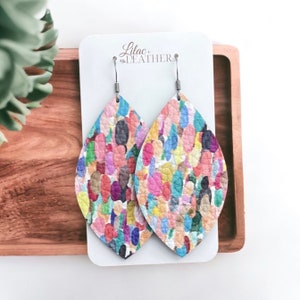 Colorful Leather Earrings, Lightweight Summer Jewelry, 3 Sizes Available, Handmade Gifts for Her, Confetti Crush