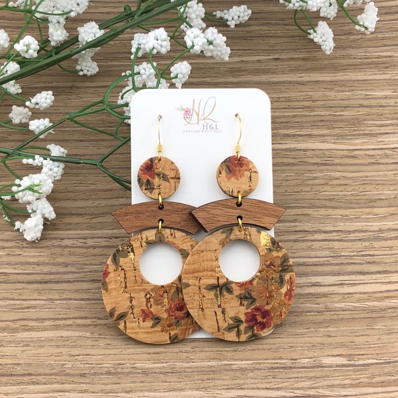 NEW Victorian Rose wGold Fleck \u201cArch\u201d Circle Earrings Wood Earrings Fall Earrings Leather /& Cork Earrings Statement Earrings