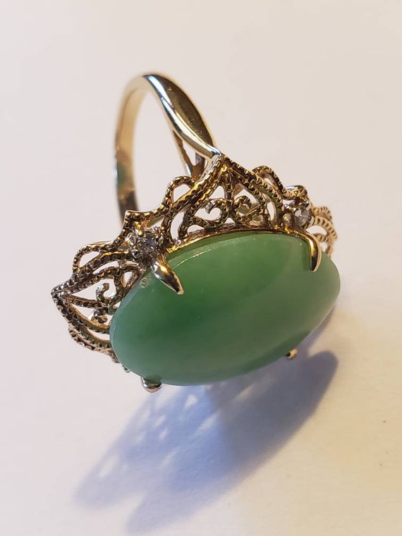 Antique 14k Jade And Diamonds Filigree Ring.