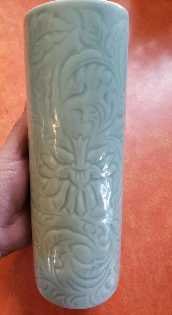 Asian celadon porcelain cylinder vase