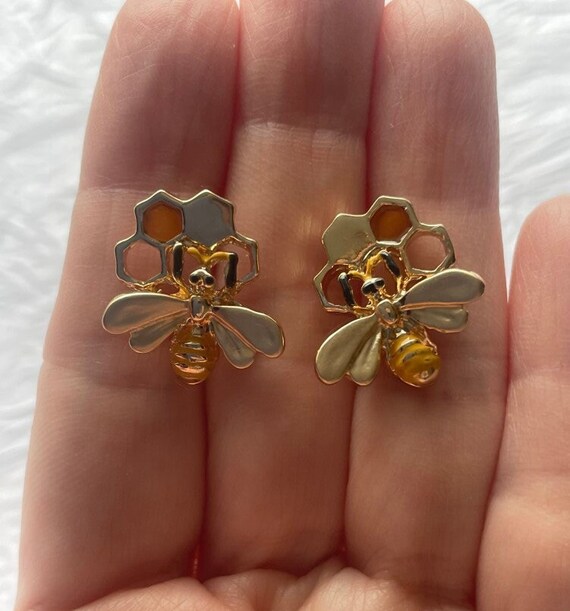Bee Honeycomb Earrings Stud Honey Bee Earrings Gold Plated