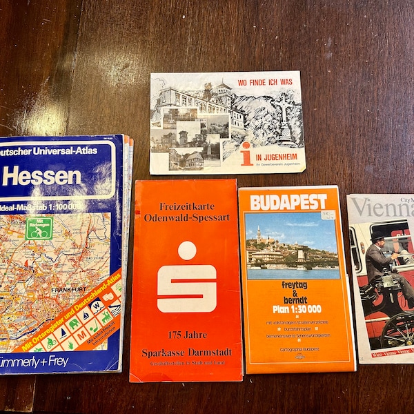 VINTAGE 1980s Europe Maps Lot | 5 from Hessen, Darmstadt, Jugenheim Germany, Budapest Hungary and Vienna Austria