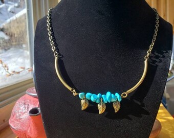 Turquoise and Brass leaves necklace