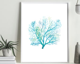 Blue Fan Coral Watercolor Print: Coastal Reef Art (Digital Download)