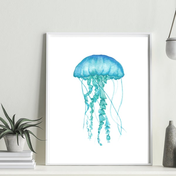 Jellyfish Watercolor Instant Download, Reef Art, Sea life Decor, Printable Ocean Art, Beach House Decor, Ocean Wall Art, Blue Seahorse Print