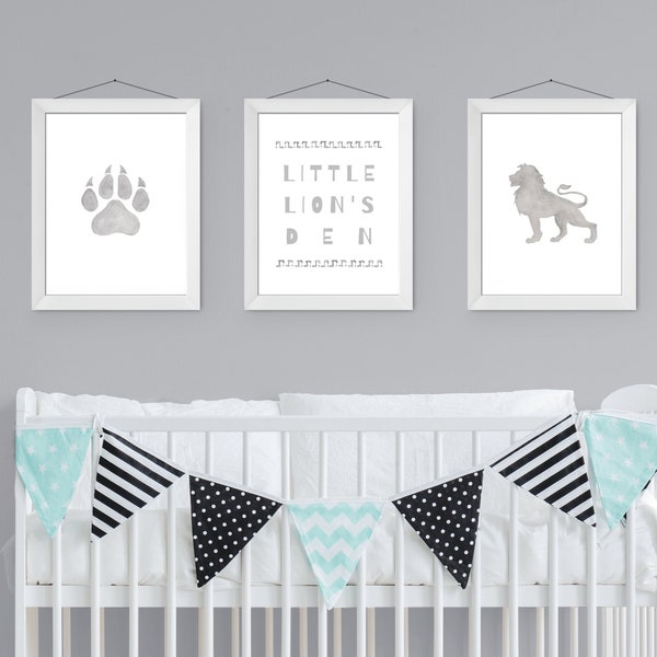 Lion Nursery Art, Gray Little Lion's Den, Scandi Nursery Prints, Set of 3, Neutral Nursery, Printable, Instant Download