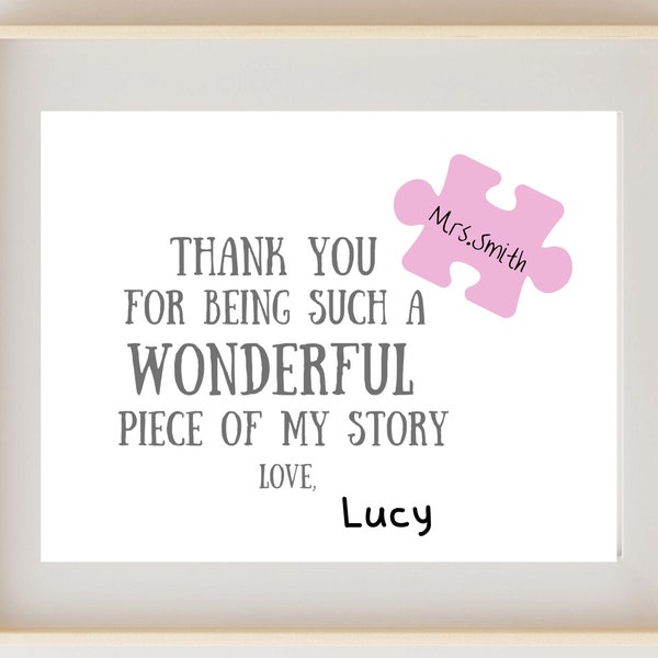 Teacher Gift, Customizable Gifts for Teachers, DIY Teacher Thank You Sign from Student, Instant Download, Homeschool Mom Gift, Pink Puzzle