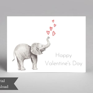 Sweet Valentines Day Carte postale imprimable, Elephant Blowing Heart Kisses Valentine Card, DIY Valentines Digital Download Card